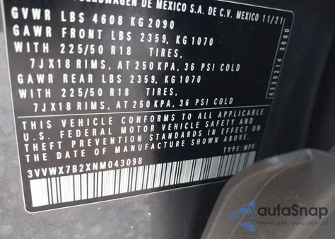 2022 Volkswagen Taos 1.5T Se z USA, uszkodzony, nr VIN 3VVWX7B2XNM043098